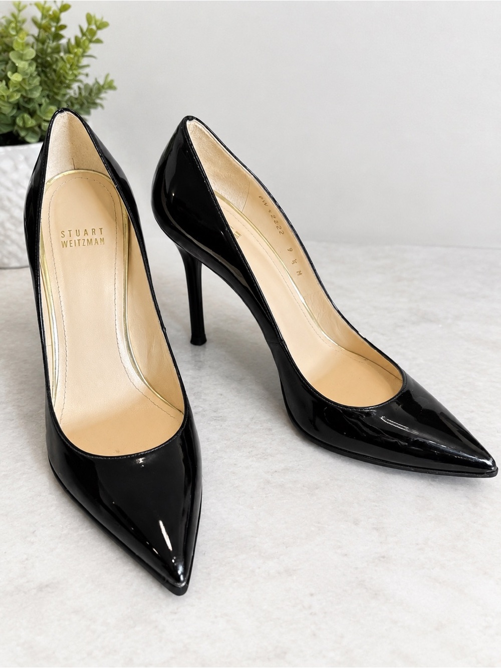 Stuart Weitzman Black Patent Pointed-Toe Pumps